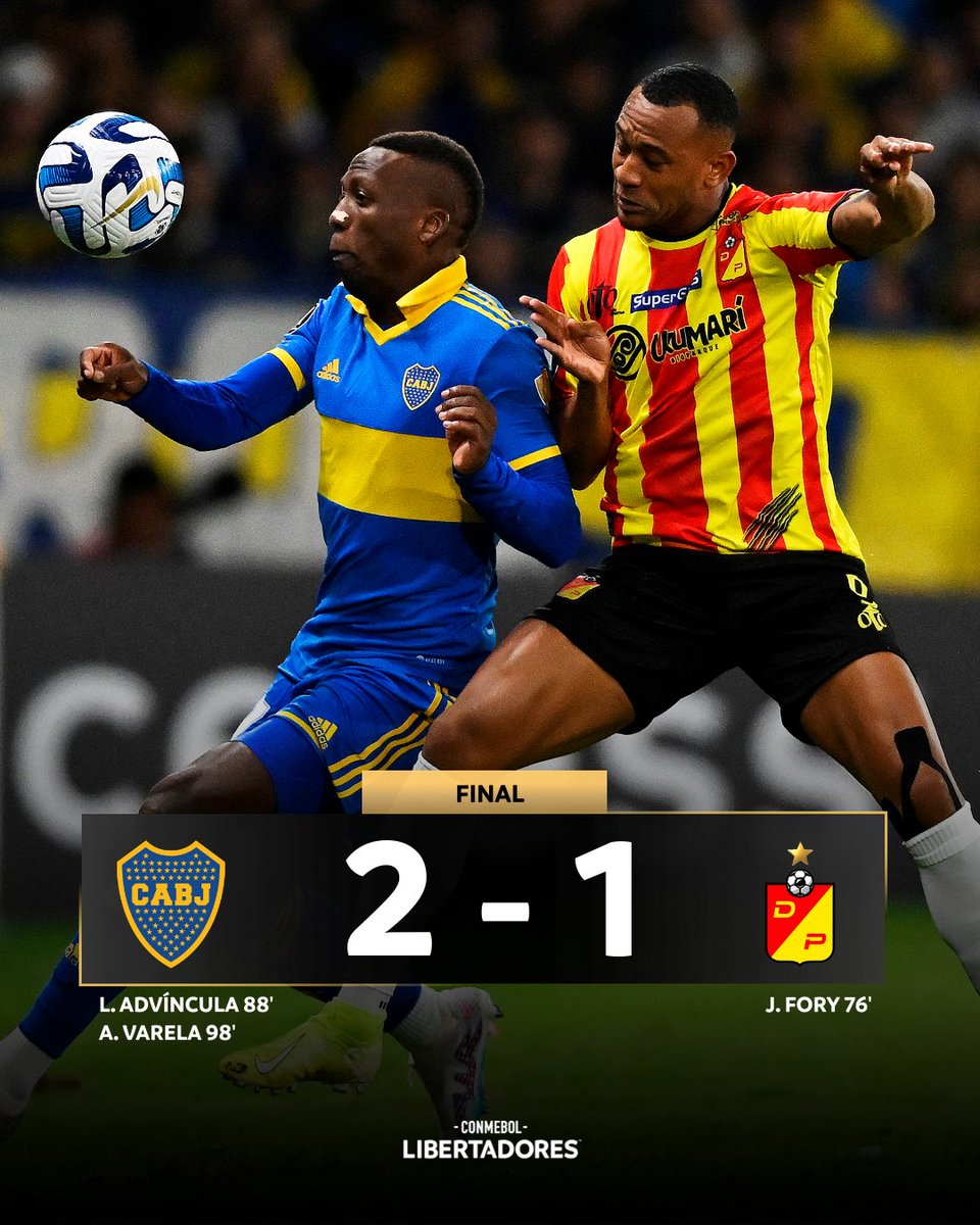 Libertadores's tweet photo. 🔵🟡 ¡Victoria agónica de @BocaJrsOficial en la CONMEBOL #Libertadores ante @DeporPereiraFC! El Xeneize lo dio vuelta sobre el final y logró su primer triunfo en el Grupo F. 

#GloriaEterna https://t.co/6LdiAakU9Z