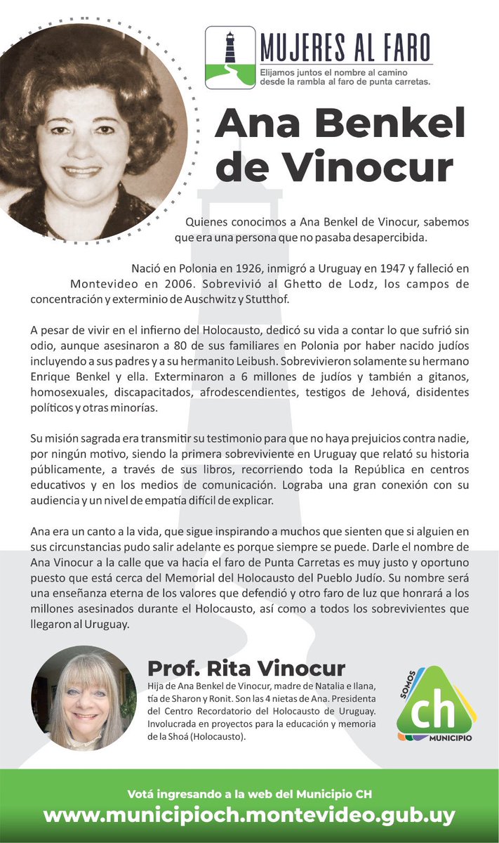 En el día del Holocausto, es bueno recordar que nuestro <a href="/Municipio_CH/">Municipio CH Oficial</a> propone incluir en el nomenclator de MVD a la sobreviviente Ana Vinocur (para la calle que llega al Faro, sin nombre aún). La propuesta surge de una consulta que contó con más de 5800 adhesiones de vecinos.