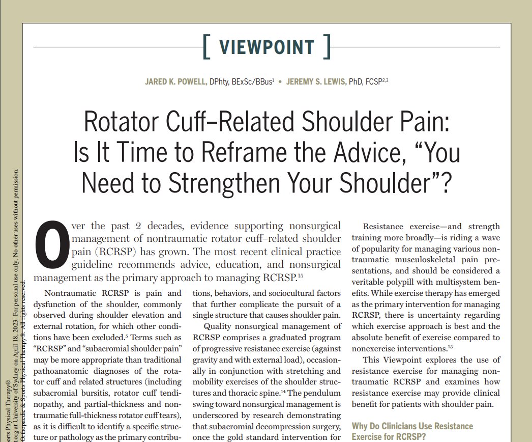 LionelChiaPT's tweet photo. "Does improving shoulder mechanics and strength always improve pain and function?"

A good reminder of the multidimensional nature of shoulder pain from @JaredPowell12 &amp; @JeremyLewisPT 

@JOSPT  https://t.co/Mqn212NTS5 https://t.co/XHm3bkCmDY