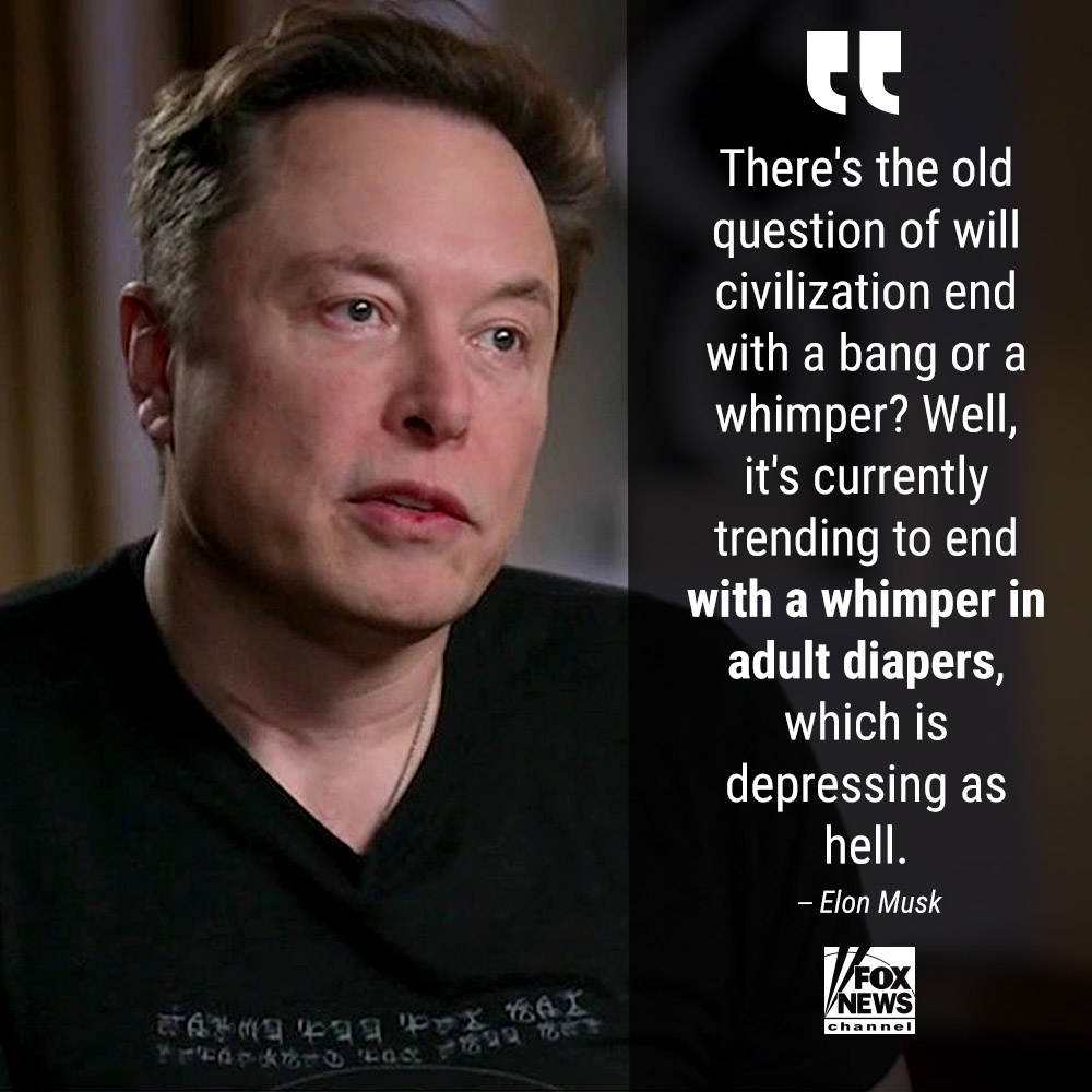 FoxNews's tweet photo. .@ElonMusk tells @TuckerCarlson the rise of birth control has allowed humans to "still satisfy the limbic instinct, but not procreate," adding "if we don't make enough people to at least sustain our numbers, perhaps increase a little bit, then civilization's gonna crumble." https://t.co/xB7pI9pDsZ