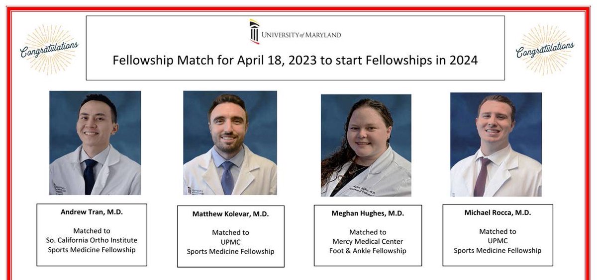 Congrats to our residents for their great fellowship match! <a href="/UMmedschool/">University of Maryland School of Medicine</a> <a href="/UMMC/">University of Maryland Medical Center</a> <a href="/umms/">University of Maryland Medical System</a> #futuresportssurgeons #orthotwitter #fellowshipmatch2023