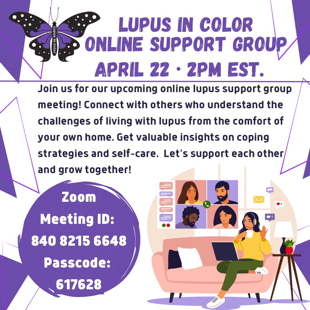 Join us for our online lupus support group meeting! Connect with others who understand the challenges of living with lupus from the comfort of your own home.  Let's support each other and grow together!
 #LupusSupport #LupusInColor #ChronicIllnessWarriors #LupusAwarenessMonth