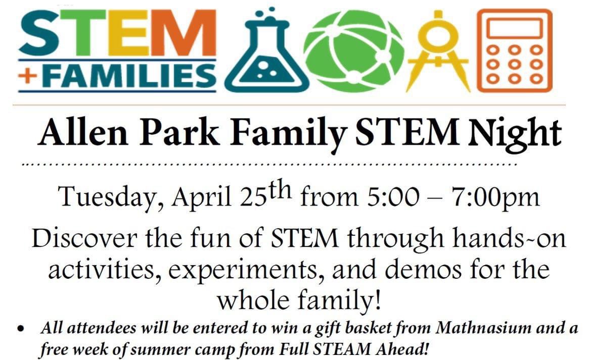 Allen Park (@allenparkelem) on Twitter photo We can’t wait to see everyone next week at our Allen Park Family STEM Night! Attend and have a chance to win a free week of summer camp from <a href="/fullSTEAMahd/">Full S.T.E.A.M Ahead</a>! <a href="/LeeSchools/">School District of Lee County</a> #TeamAllenPark #WorkHardShineBright We can’t wait to see everyone next week at our Allen Park Family STEM Night! Attend and have a chance to win a free week of summer camp from <a href="/fullSTEAMahd/">Full S.T.E.A.M Ahead</a>! <a href="/LeeSchools/">School District of Lee County</a> #TeamAllenPark #WorkHardShineBright