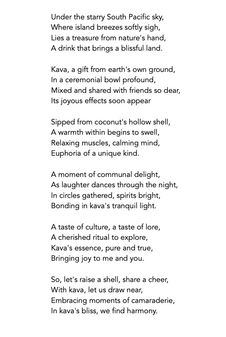 Someone asked a machine to write a poem about kava. From what it wrote, you'd think it was a veteran grog swiper. #ChatGPT must wear that kani with pride.