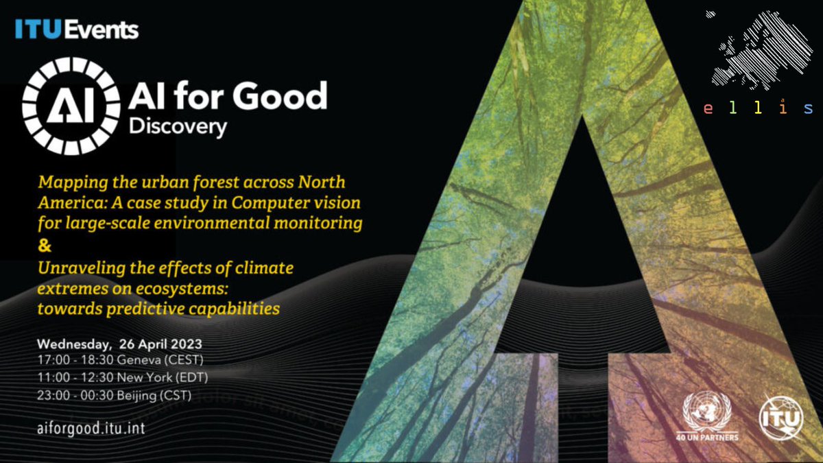 There is only #oneweekleft till the 6th talk of our <a href="/AIforGood/">AI for Good 🇺🇳 #AIforGood</a> Lecture series "#Al for Earth and #Sustainability Science" 🗓 on April 26th at 5 p.m

Register now: bit.ly/43L4Hmj
Speakers: <a href="/sarameghanbeery/">Sara Beery</a> <a href="/MiguelDMahecha/">Miguel Mahecha</a> 
Moderator: Joachim Denzler @CvJena