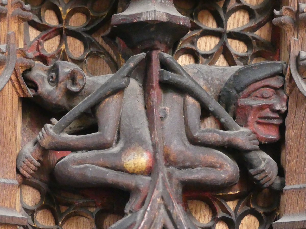 mutley7781's tweet photo. 👀 Lew Trenchard church #Devon
The #Pinwill carved pulpit draws inspiration from 15th C one at Kenton, but is not an exact copy
Witness these “figures” back to back -
Lew Trenchard’s “ape like”
Kenton’s “ape & man”
The purple shadow is from the stained glass
#Woodensday https://t.co/M4glESrDei