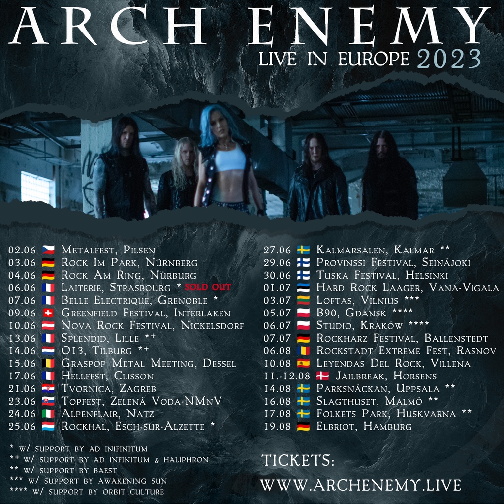 archenemymetal's tweet photo. We're thrilled to announce the support bands for our upcoming shows in Europe 🤩
Give it up for #AdInfinitum, #Baest, #AwakeningSun, #OrbitCulture & #Haliphron🤘🏻Also, Strasbourg is SOLD OUT!
Tickets: https://t.co/dQ0jAoGUqL
#LIVE #ARCHENEMY #DECEIVERS #TOUR #EUROPE #FESTIVALS https://t.co/PNWruI4HH1