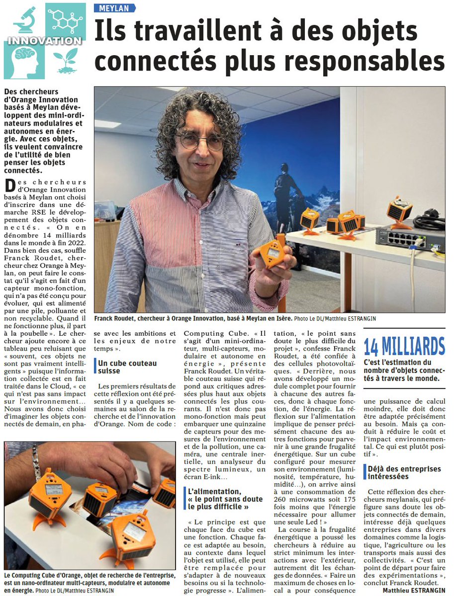 dexcoffier's tweet image. Un article sur les travaux de recherche menés par mes équipes à @Orange #innovation sur nos nano-ordinateurs multi-capteurs fonctionnant 7/7 et 24/24 sans aucune pile.
Bravo à mes équipes de recherche internationales impliquées sur le sujet !
#ambientComputing #ComputingCube #IoT