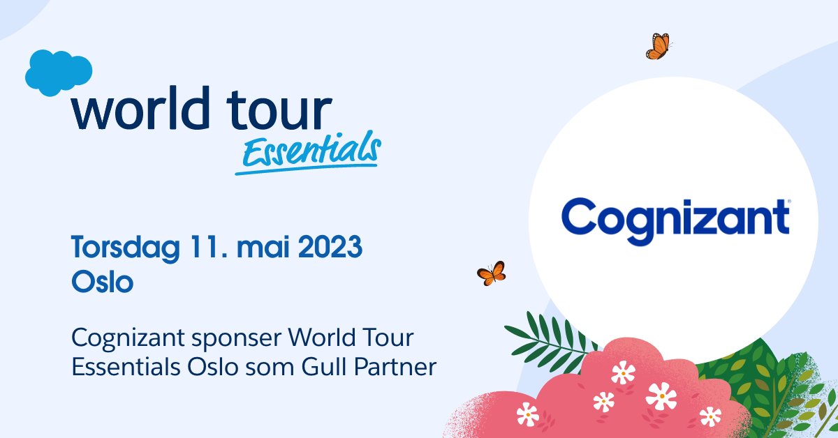 AlainSolioz's tweet photo. Visste du at Cognizant sponser #Salesforce World Tour Essentials Oslo som Gull partner? Registrer deg gratis og møt oss på SALT i Oslo den 11. mai med vår partner #Tricentis. Det blir en lærerik dag fylt med inspirasjon, innovasjon og nettverksbygging.  https://t.co/BgI3tE7cG9 https://t.co/KxJvZK1JEl