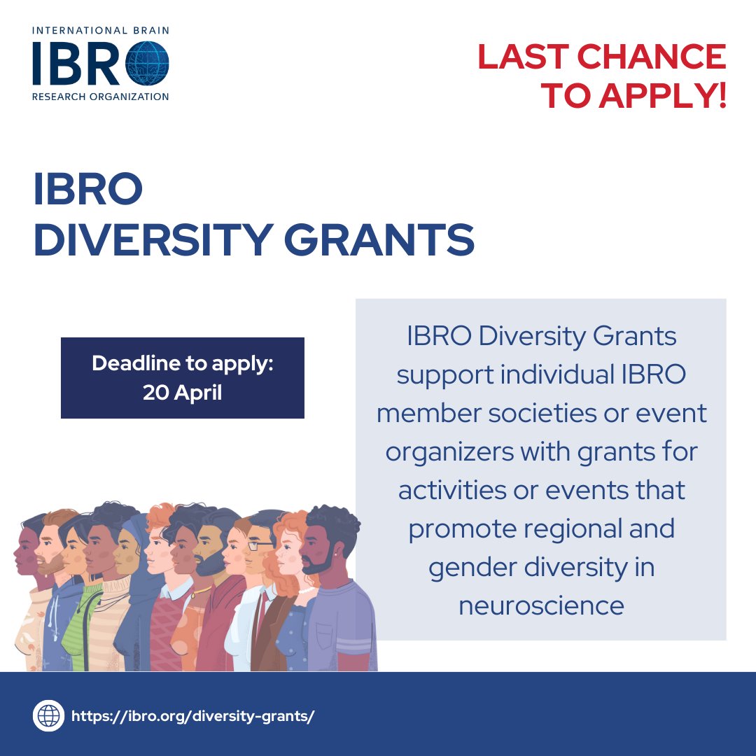 IBRO - International Brain Research Organization (@ibroorg) on Twitter photo LAST CHANCE to apply for an #IBRO #Diversity #Grant to fund your event aiming to increase diversity in neuroscience!
Apply by tomorrow, 20 April: ibro.org/diversity-gran…
<a href="/JLLanciego/">José Luis Lanciego</a> <a href="/APalacio_s/">👉🏼Adrian Palacios 👈🏽</a> <a href="/rachaeldangare1/">DrRachaelDee</a> <a href="/Olamzz1/">Olamide Adebiyi DVM, PhD</a> <a href="/TemkouGwladys/">Gwladys T. Ngoupaye</a> <a href="/srikipedia/">Srikanth Ramaswamy</a> <a href="/DrLinOng/">Dr Lin Kooi Ong</a> <a href="/network_alba/">ALBA Network</a> LAST CHANCE to apply for an #IBRO #Diversity #Grant to fund your event aiming to increase diversity in neuroscience!
Apply by tomorrow, 20 April: ibro.org/diversity-gran…
<a href="/JLLanciego/">José Luis Lanciego</a> <a href="/APalacio_s/">👉🏼Adrian Palacios 👈🏽</a> <a href="/rachaeldangare1/">DrRachaelDee</a> <a href="/Olamzz1/">Olamide Adebiyi DVM, PhD</a> <a href="/TemkouGwladys/">Gwladys T. Ngoupaye</a> <a href="/srikipedia/">Srikanth Ramaswamy</a> <a href="/DrLinOng/">Dr Lin Kooi Ong</a> <a href="/network_alba/">ALBA Network</a>