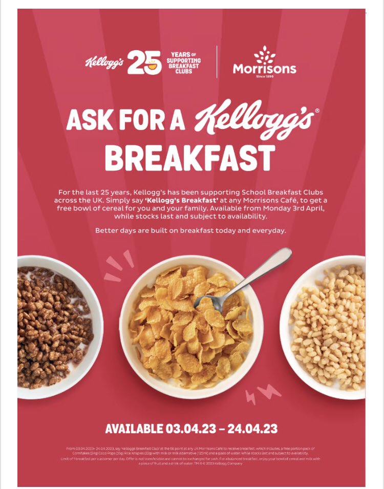 LHS_SfL's tweet photo. Brilliant offer from @Morrisons - get a free bowl of @KelloggsUKI cereal for you and the kids from the Morrisons cafe - just ask for a ‘Kellogg’s Breakfast’ 🥣 Details below👇🏼 https://t.co/otA7jRc2hq