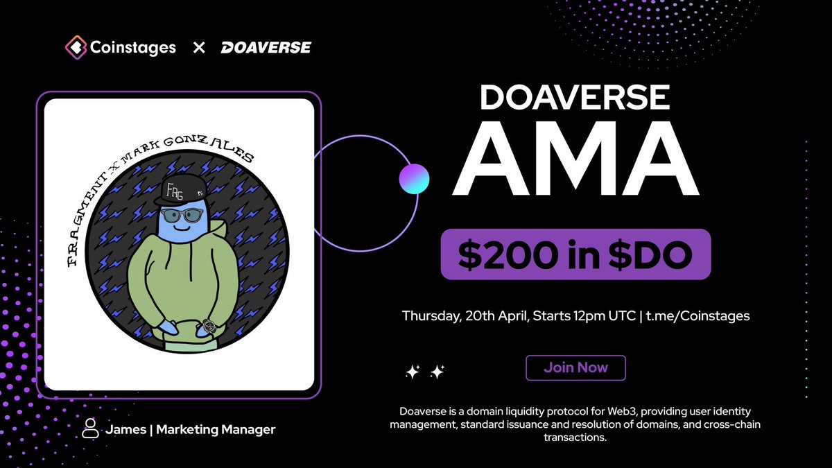 📢 We will hold an AMA With @Doaverse

On the 20th April 2023 at 12PM UTC in the Coinstages Community 

The reward Pool : $200 In $DO to be won 5 Best questions and 5 Free asking

#Rules
1. Follow <a href="/Coinstages/">Coinstages</a> &amp; @Doaverse
2. Like ,retweet &amp; comment your question