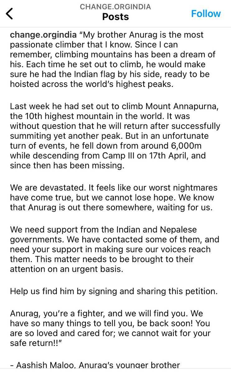 dream100more's tweet photo. Pls help bring back @anuragmaloo safely 🙏🏻

Last week he had set out to climb Mt Annapurna but fell down from around 6000m while descending from Camp III on 17th April,  since then he has been missing.

@MEAIndia
@DrSJaishankar 

#BringAnuragBack 
link👇
https://t.co/BDscRDdhaC https://t.co/SbVfQXzpBq