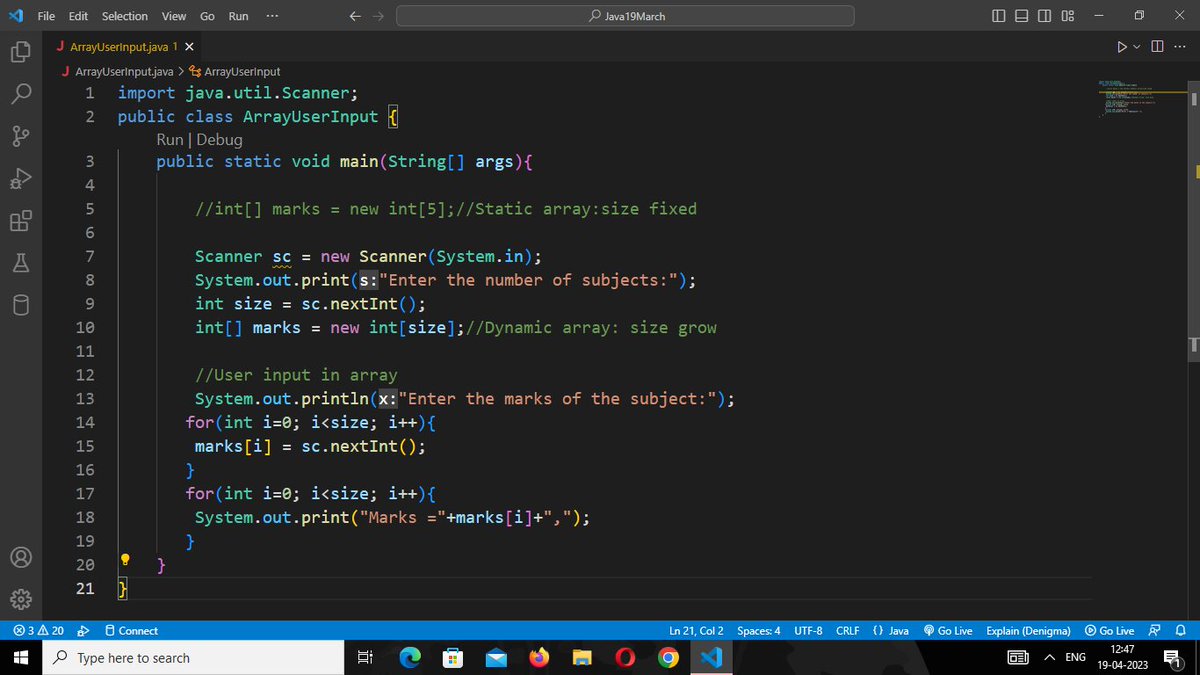 Sarvjyoti4's tweet photo. #day50,#100DaysOfCode,#DEVCommunity,#programming,#coding,#javacode,#girlofcode,#womensOfcode,#Array,#java.
User input in the array. https://t.co/GygH9QEIF9