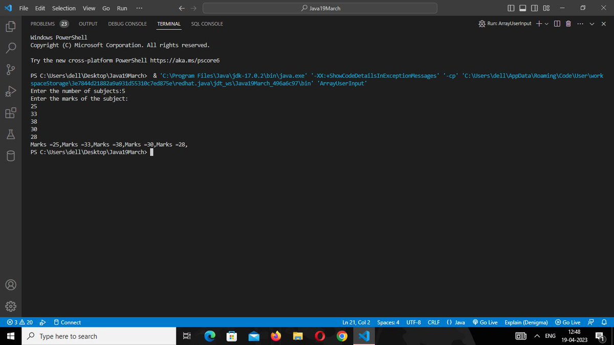 Sarvjyoti4's tweet photo. #day50,#100DaysOfCode,#DEVCommunity,#programming,#coding,#javacode,#girlofcode,#womensOfcode,#Array,#java.
User input in the array. https://t.co/GygH9QEIF9