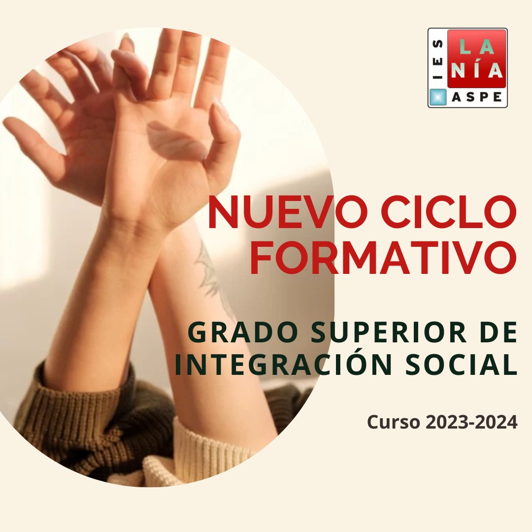 ¡NUEVO CICLO FORMATIVO!
• Grado Superior de Integración Social

Además:
• GB de Actividades Domésticas y Limpieza de Edificios
• GM de Atención a Personas en Situación de Dependencia
• GS de Educación Infantil
• GB de Servicios Administrativos
• GM de Gestión Administrativa