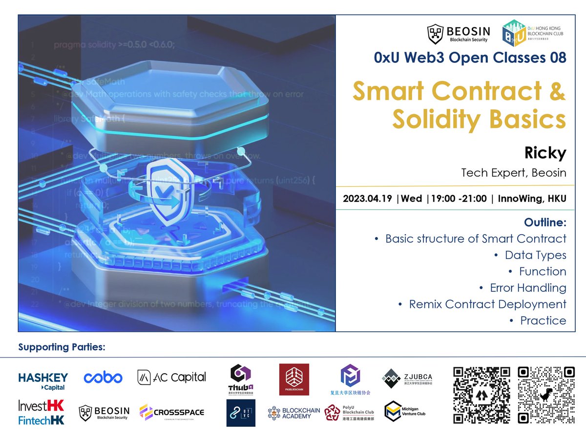 🧑‍💻Tonight 7-9pm HKT at @HKUniversity campus, Beosin's tech expert @0xCryptoLee will teach 'Smart Contract & Solidity Basics' together with @0xUClub Thanks @wsjack_eth's trust for inviting @Beosin_com as supporting partner of first-ever student-run #blockchain course at HKU