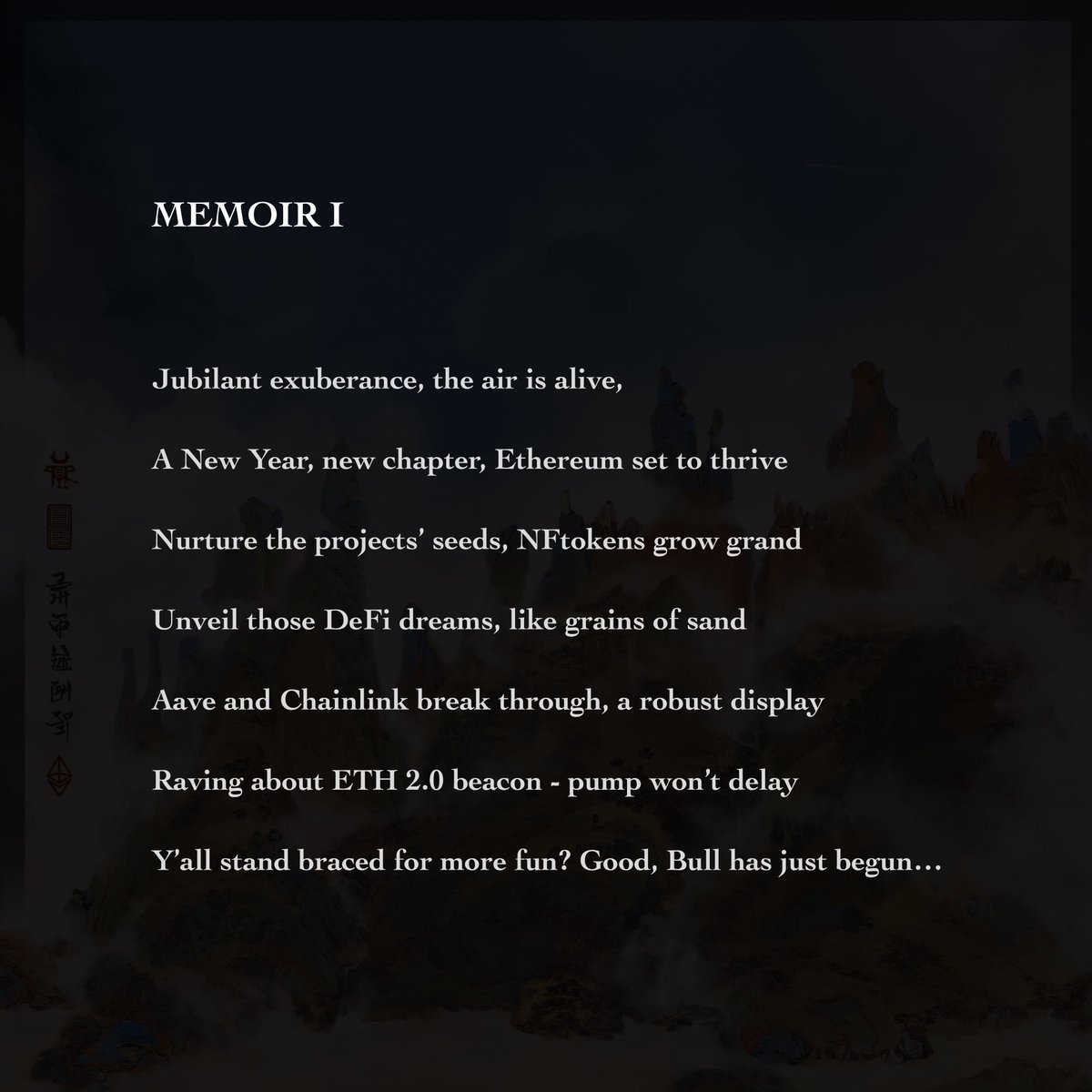 baiweiart's tweet photo. Gm! 🌞
Each data landscape in “Memoirs of Bull” is adorned with an encrypted AI poem about given month’s history in crypto. 😲🤯🤓
Give it your geek read!
⛩📈📉⛩
#poetry #crypto #AIart #AIcollaborative #asianart https://t.co/s7w5Ch5f8t