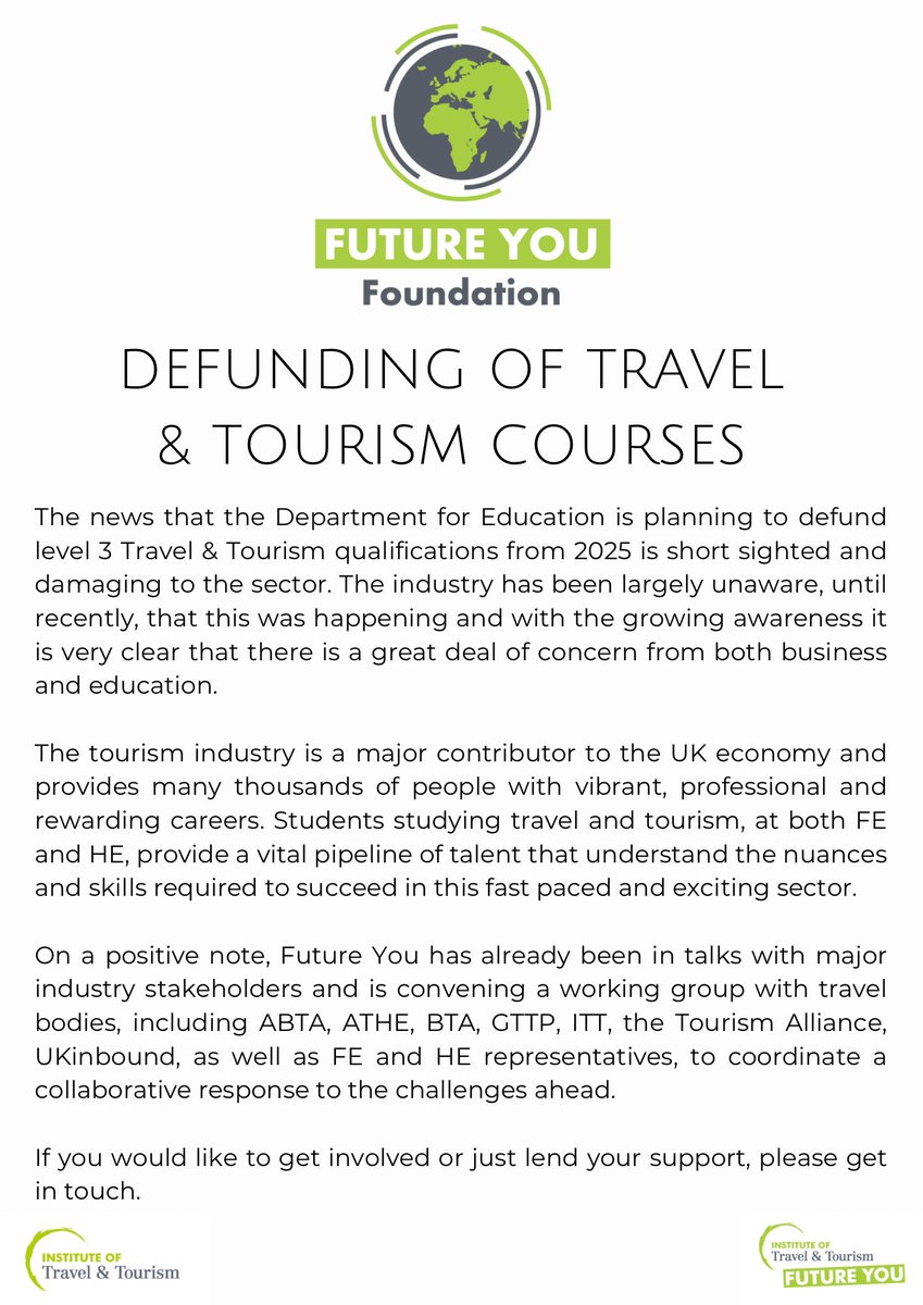 🚨 DEFUNDING OF TRAVEL & TOURISM COURSES 🚨   If you would like to get involved or just lend your support, please get in touch. #statement #travel #tourism #education #students #future #ProtectStudentChoice
