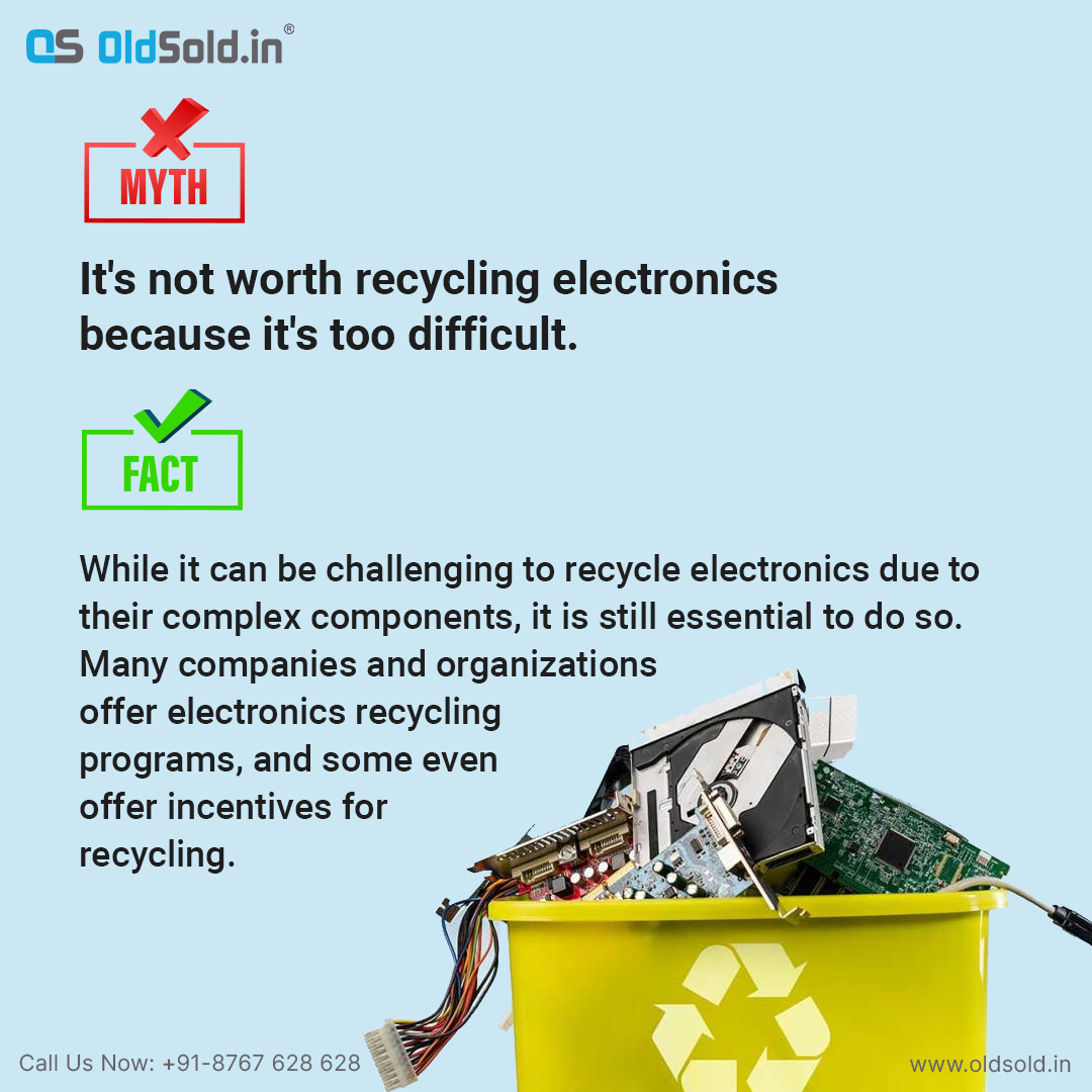 OldSoldIn's tweet image. While it's true that electronics contain complex materials and components that require specialized handling and processing, recycling them is not impossible.
#oldsoldin #oldmobile  #oldelectronics #preownedmobile  #ewaste #mythandfact #zerowaste #recycling #electronicrecycling