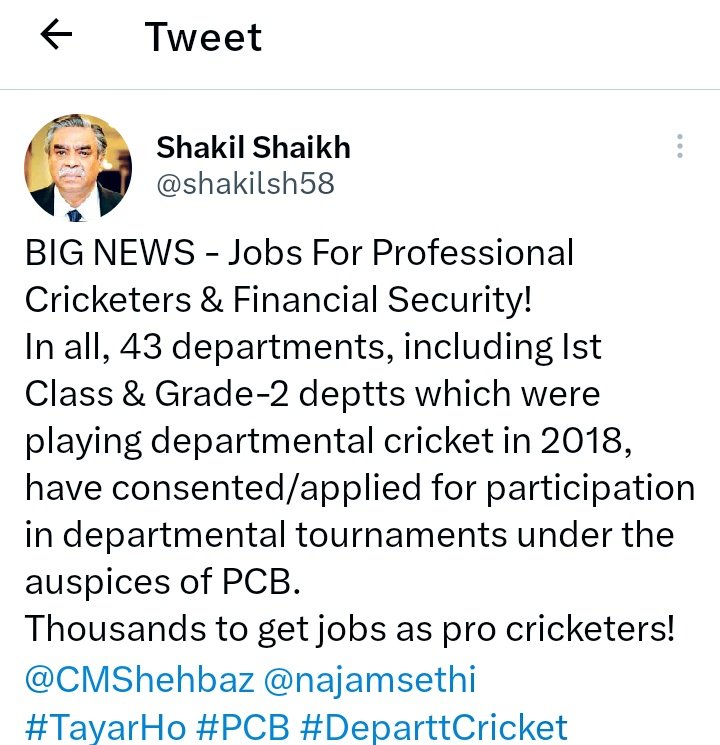 Cricket Jobs 😀🙂🤲
@shakilsh58 
#Cricket #CricketJobs #PCB #DepartmentalCricket #TayyarHo #DeparttCricket