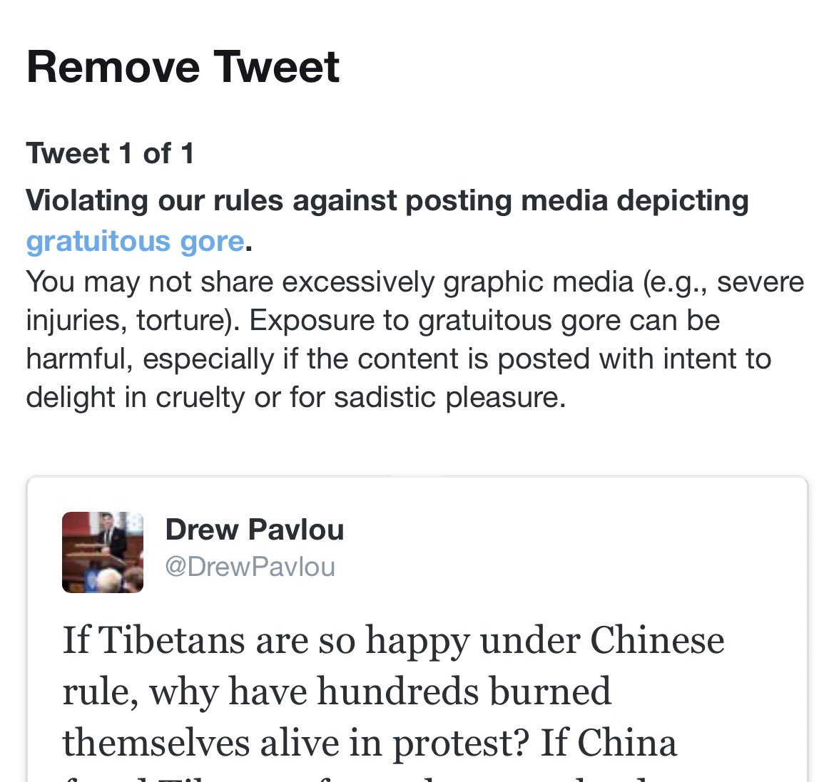 DrewPavlou's tweet photo. Ridiculous censorship: CCP supporters mass reported my Tweet about Tibetan self immolations to get it taken down https://t.co/HbalcLlRve