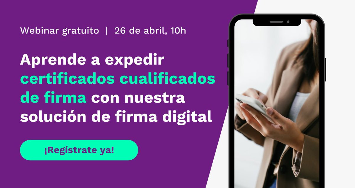 🤔 ¿Sabías que las firmas con certificado son las más seguras del mercado? ¿Te gustaría saber por qué? 

El 26 de abril a las 10h te contamos todo sobre este tipo de firmas y cómo expedirlas desde nuestra plataforma de #FirmaDigital. 

¡Regístrate ya! 👇
bit.ly/webinarfirmace…