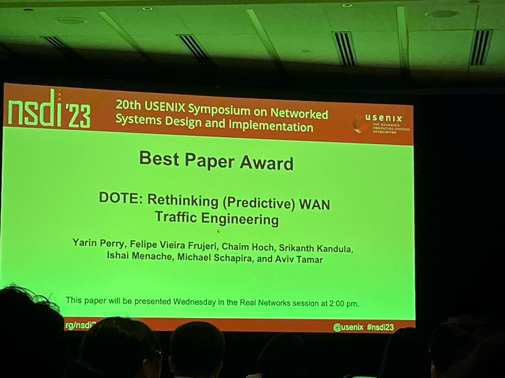 Aviv Tamar (@avivtamar1) on Twitter photo DOTE won BEST PAPER at #nsdi23 !!!
DOTE trains a deep neural network that directly outputs traffic engineering configurations. This works great for traffic that is difficult to predict accurately, e.g., MSFT's costumer facing WAN
Yarin Perry will present Wed 14:40EDT
👇 DOTE won BEST PAPER at #nsdi23 !!!
DOTE trains a deep neural network that directly outputs traffic engineering configurations. This works great for traffic that is difficult to predict accurately, e.g., MSFT's costumer facing WAN
Yarin Perry will present Wed 14:40EDT
👇