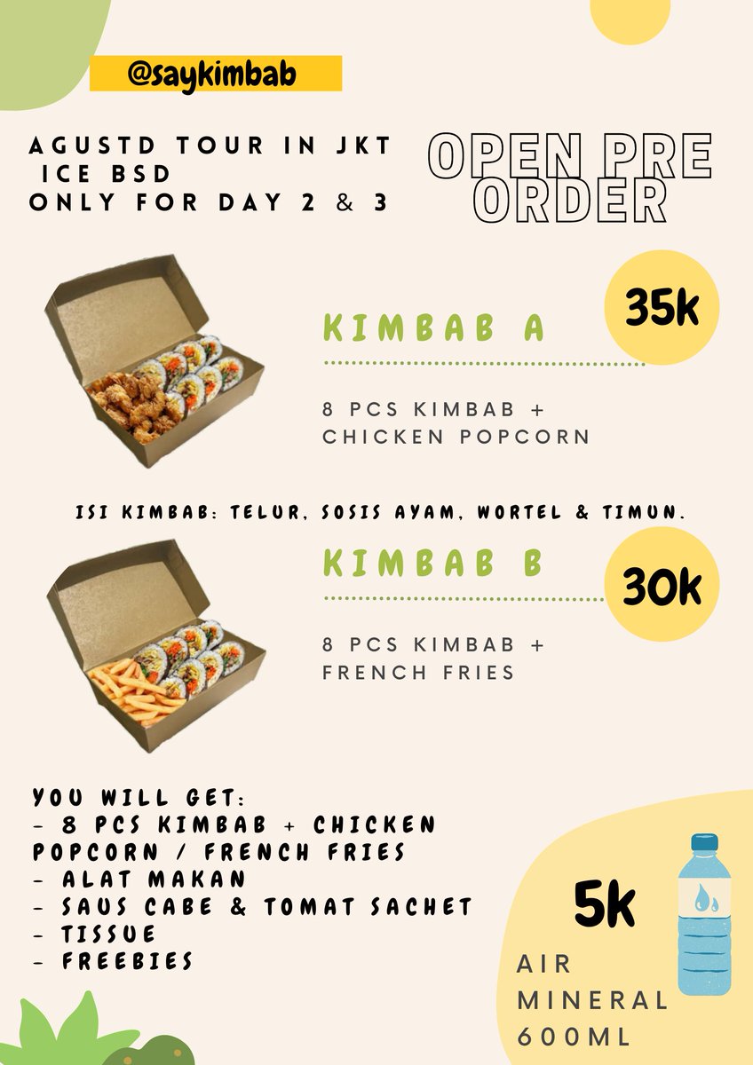 ARMY!!! Stop Scrolling!
Halo, Army-deul yang cari makanan untuk lunch sebelum ketemu SUGA, yuk ikut PO makanan di aku💜✨

📆 ONLY DAY 2 &amp; 3
📍 ICE BSD 
📋 FOR 50 SLOT
📎 LINK ORDER forms.gle/WeQyEETpSyXnwS…

#AgustDTOURinJKT #AgustD_SUGA_Tour_in_JKT #AgustDinJKT #AgustDinJAKARTA