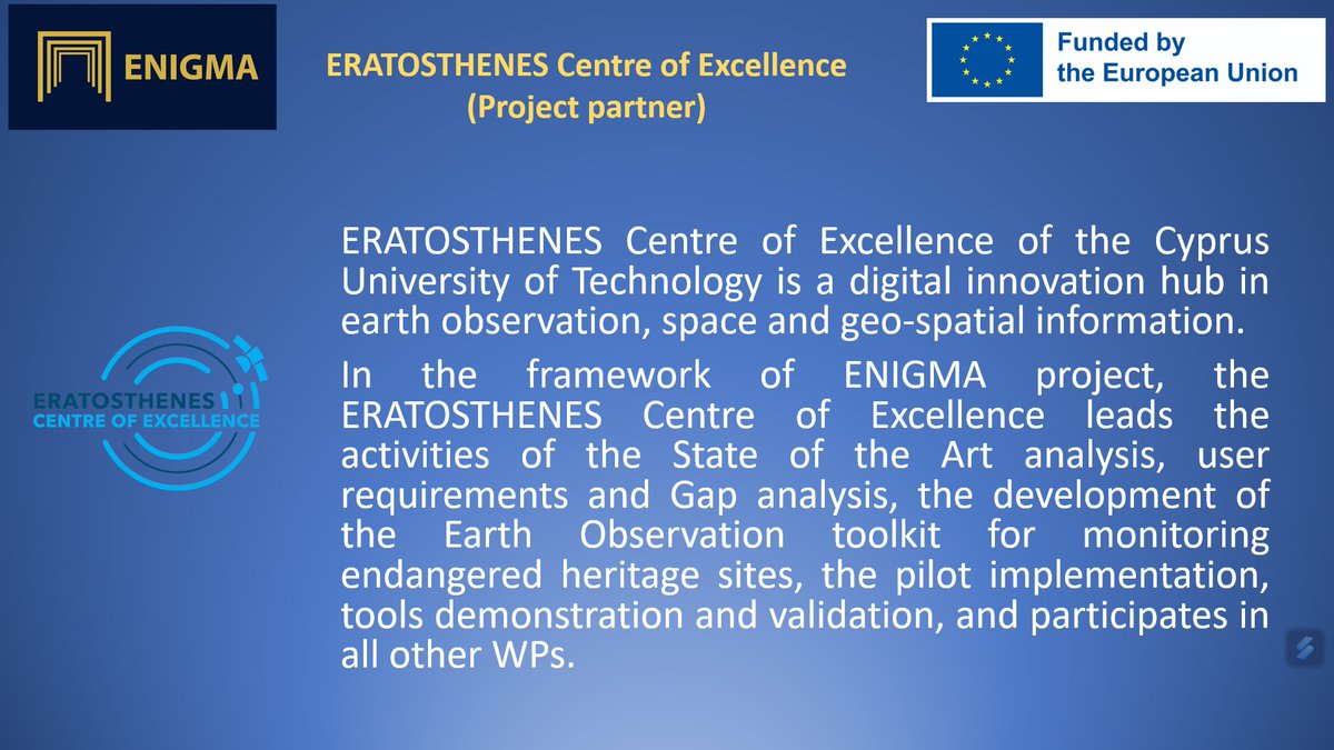 EnigmaEuproject's tweet photo. I'm more than happy to present another consortium partner @ERATOSTHENESCoE #excellence #heritage #europeanproject #culture #protectingoods Protecting past...saving future #EnigmaEUProject https://t.co/vcuNY6dZpr