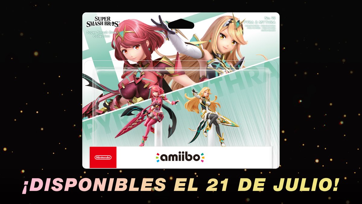 NintendoES's tweet photo. Los #amiibo de Pyra y Mythra de la serie Super #SmashBros llegarán en forma de pack doble el 21 de julio. Cada amiibo desbloquea una apariencia especial de la espada de la Égida que pueden usar los personajes con la clase espadachín en #XenobladeChronicles3. https://t.co/ALsEyVyDpM
