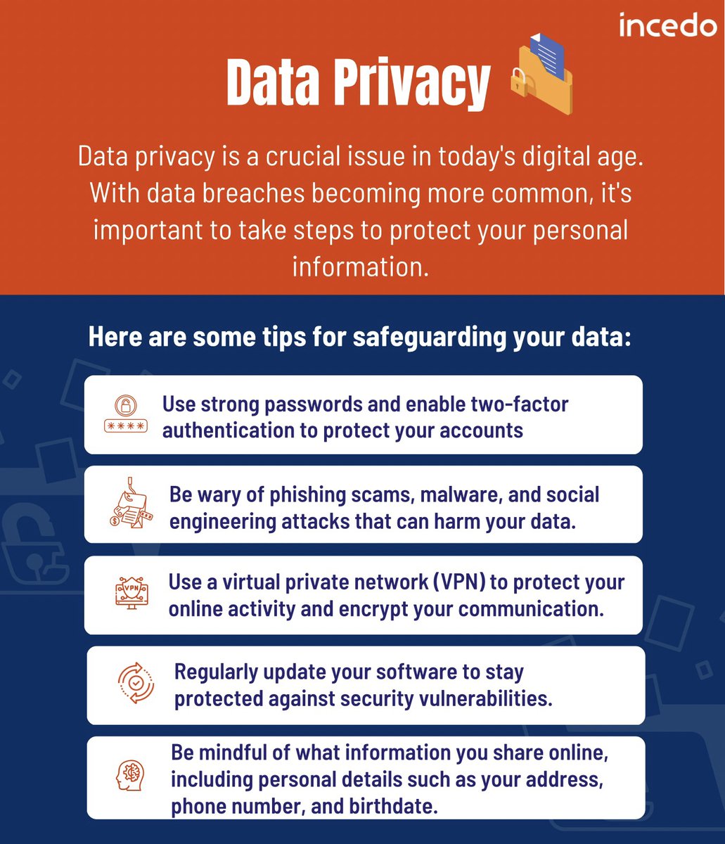 kumarrajeev_it's tweet photo. Data privacy is a crucial issue in today’s digital age. Here are some tips for safeguarding your data.
#Incedo #wininthedigitalage #cybersecurity  #besecure #becybersmart
@incedoinc https://t.co/lah2JLPQC7