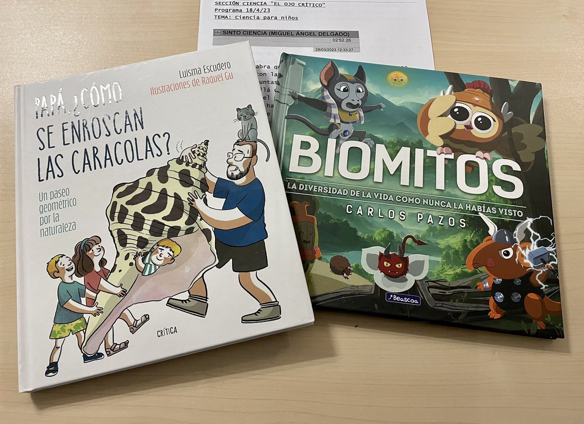 Vaya sorpresa ayer! 
<a href="/rosenrod/">Miguel A. Delgado</a> y <a href="/laurabarrachina/">Laura Barrachina</a> hablando de #enroscaracolas junto al libro del gran <a href="/MolaSaber/">Carlos Pazos ©</a> en <a href="/ElOjoCriticoRNE/">El Ojo Crítico (RNE)</a>.

Ufff... es muy fuerte escuchar en la radio que recomiendan algo que has hecho. #DiadelLibro2023.

#GeomNatura

rtve.es/play/audios/el…