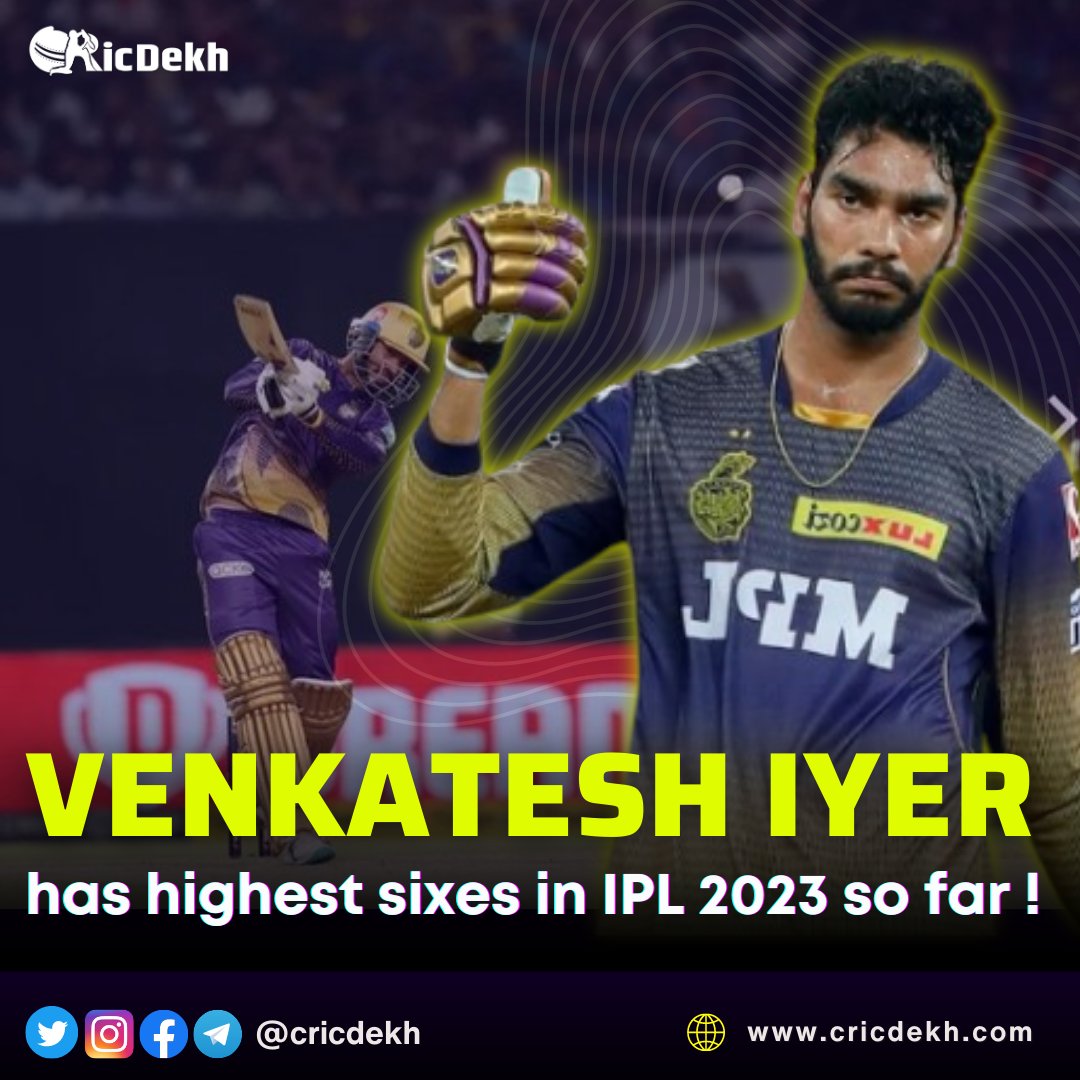 cricdekh's tweet image. Venkatesh Iyer is bringing the 🔥🔥🔥 to the #IPL2023! 💥 Can anyone catch up with his six-hitting skills? 👀🏏 #cricketlove #sixmachine #venkateshiyer #ipl2023toppers 🚀👑