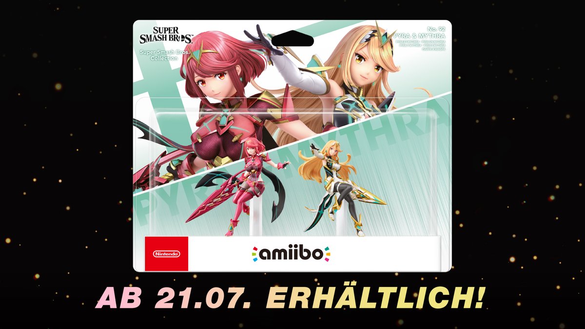 NintendoDE's tweet photo. Die amiibo für Pyra und Mythra aus der Super Smash Bros.-Reihe erscheinen am 21. Juli im Doppelpack. Jedes amiibo schaltet einen neuen Waffenskin im Stil des Aegisschwerts frei, das Charaktere der Schwertkämpfer-Klasse in #XenobladeChronicles3 verwenden können. https://t.co/89MFjDpfQ4