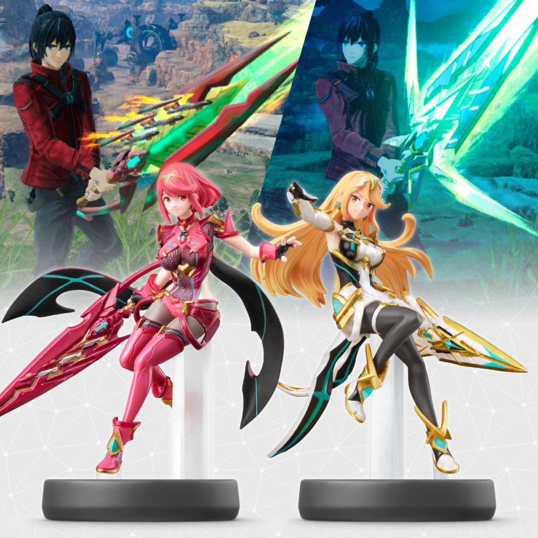 NintendoDE's tweet photo. Die amiibo für Pyra und Mythra aus der Super Smash Bros.-Reihe erscheinen am 21. Juli im Doppelpack. Jedes amiibo schaltet einen neuen Waffenskin im Stil des Aegisschwerts frei, das Charaktere der Schwertkämpfer-Klasse in #XenobladeChronicles3 verwenden können. https://t.co/89MFjDpfQ4