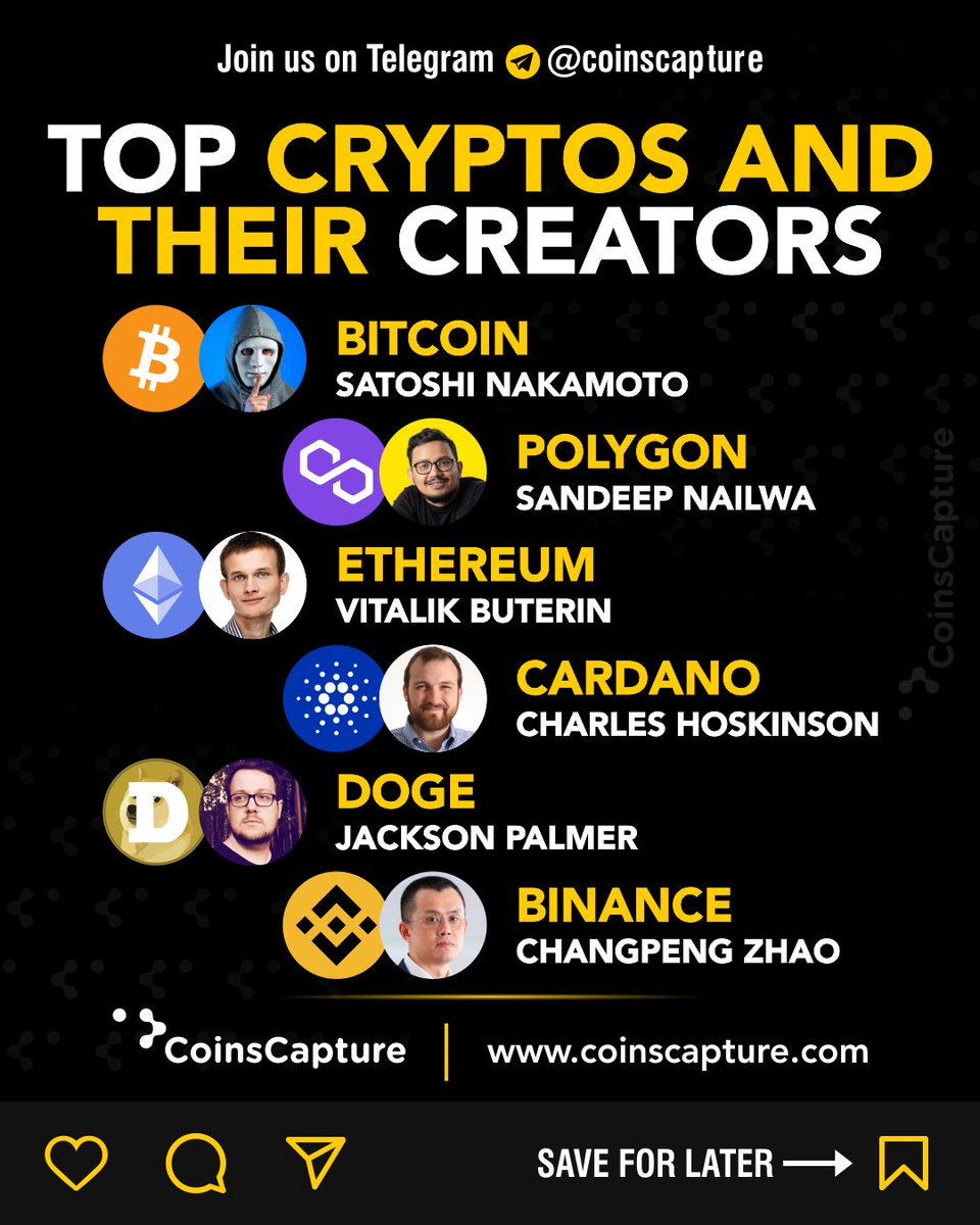 Top Cryptos And Their Creators

#Crypto #Cryptocurrency #Cryptotraders #Cryptouser #Cryptoinvestor #Cryptolover #Cryptoworld #Cryptocreators #Cryptoworld #Cryptoenthusiast #Coinscapture