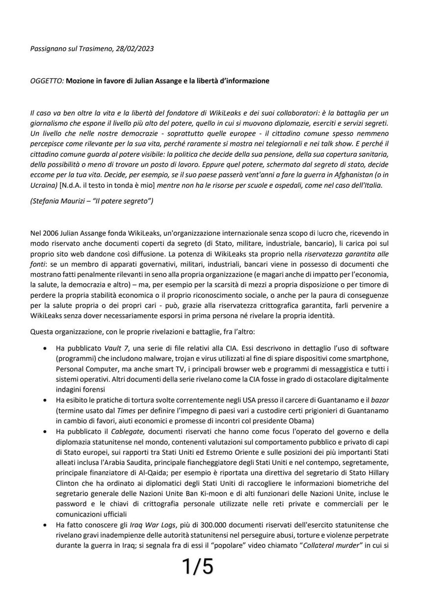 donapatri's tweet photo. Nella sessione suppletiva odierna il Consiglio Comunale di #Passignano sul Trasimeno ha votato all'unanimità l'approvazione della mozione per Julian #Assange.
Un sentito ringraziamento al consigliere #GabrieleGiovannini al Sindaco #SandroPasquali e a tutti i colleghi consiglieri https://t.co/6avV9o50U5