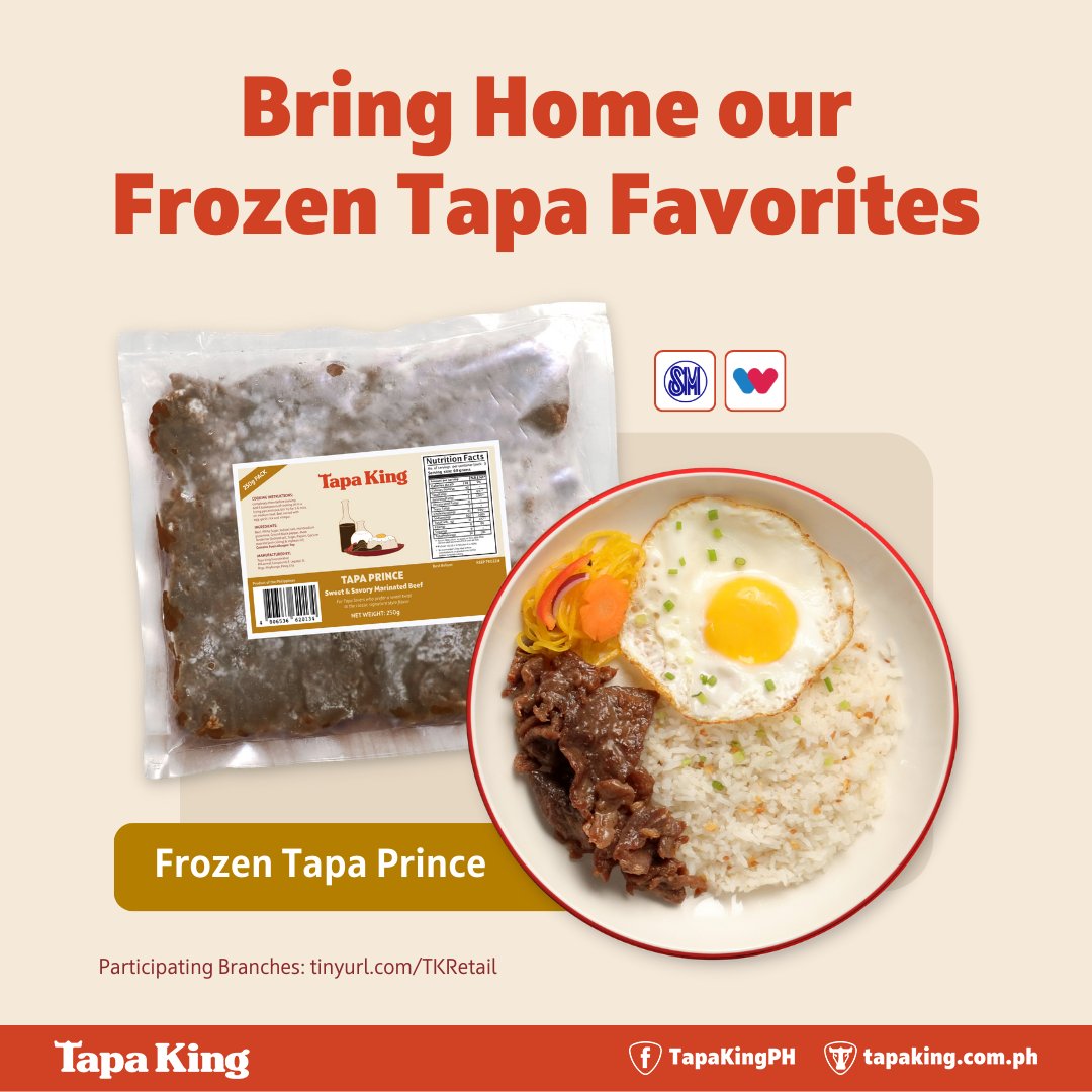 TapaKingPHL's tweet photo. Stock up on Frozen Tapa and never run out of breakfast options! Get yours now at participating branches of our partner retail outlets. Tara, shop na!
๐ https://t.co/2vMpYzwPo0
#TapaKing #FrozenTapa #SMMarkets #LandersSuperstore #WaltermartSupermarket https://t.co/CDnH71mA68