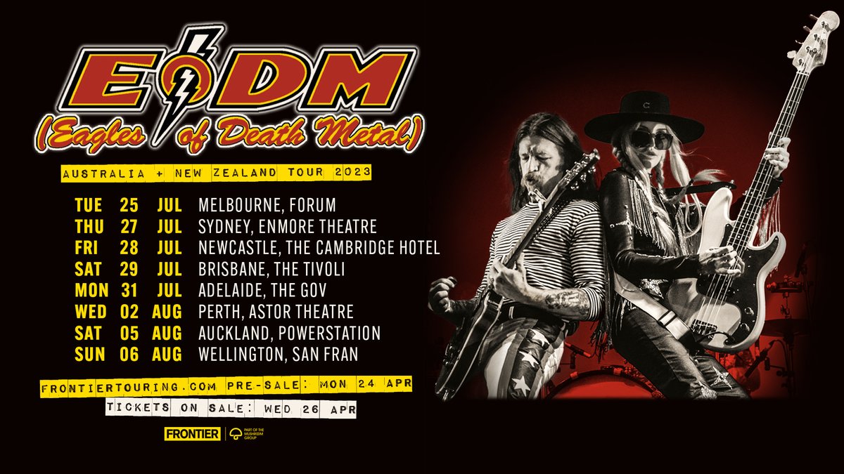 frontiertouring's tweet photo. ANNOUNCING ⚡️ High octane American rockers @EODMofficial are heading down under for an eight-date tour this July &amp; August! 

Frontier Member presale: Mon 24 Apr at 11am local time  
Tickets on sale: Wed 26 Apr at 11am local time   

🎫 https://t.co/3WdN5aw1bB https://t.co/vjCvbN0aua