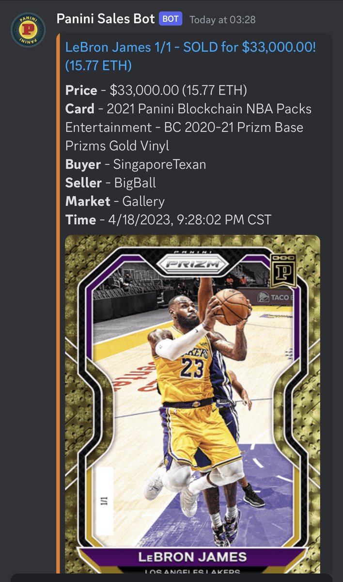 The sale we’ve all been waiting for. The @PaniniAmerica LeBron James 1/1 Gold Vinyl from the 1st Prizm pack release finally pulled. 

… and sold for $33,000 to notorious collector SingaporeTexan. 

Congrats on this gem 🔥💎

#PaniniNFT #KingJames #Prizm #GoldVinyl #NFTCommunity