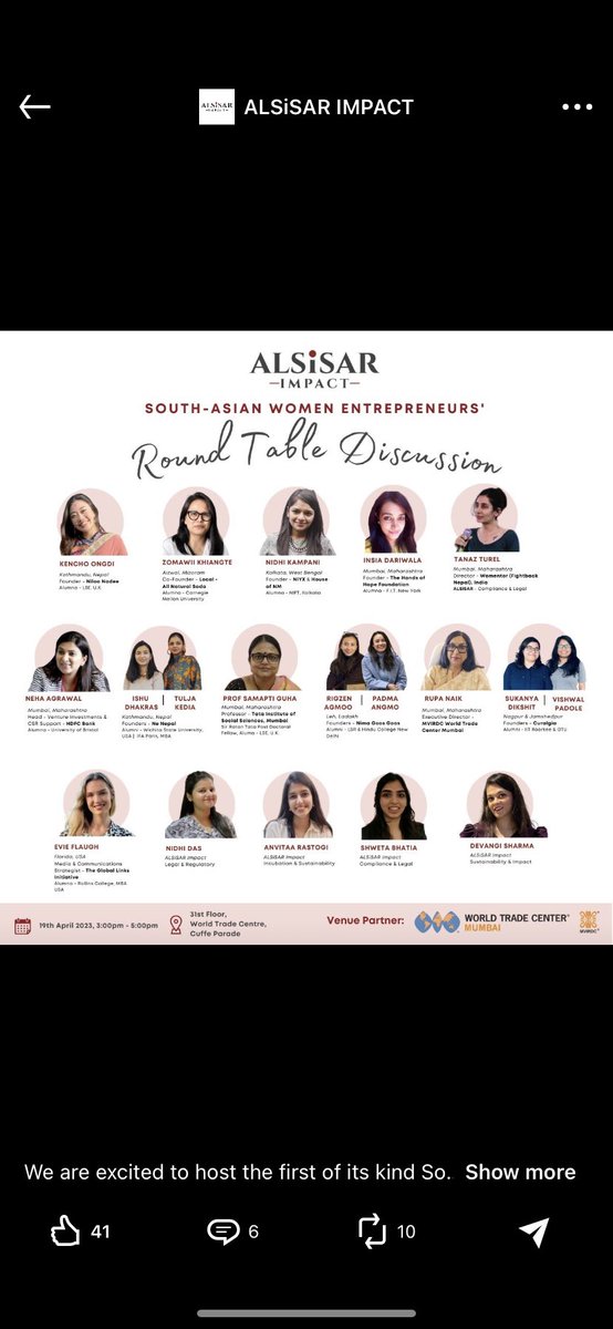 rigzin_rigz's tweet photo. Excited to be part of this round table conference  at @alsisarimpact  @nimagoosgoos #wordtradecentremumbai #womenentrepreneursofsouthasia https://t.co/ZSbp65Ms94