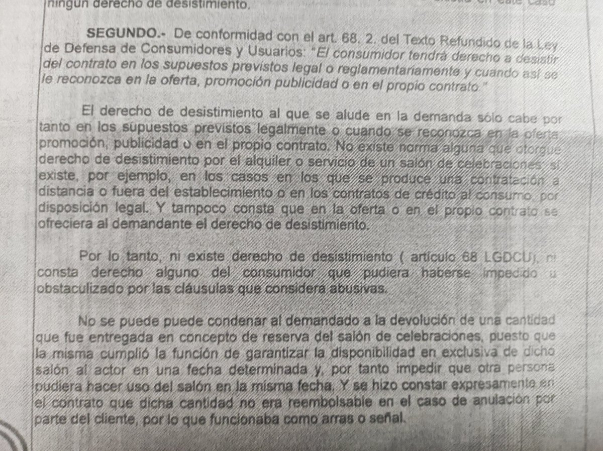 Mi cliente (un lugar de celebraciones) ha sido absuelto de una reclamación de cantidad. No existe derecho de desistimiento (D. Consumo). Tampoco lo contempla el contrato. El COVID no es fuerza mayor, pues podía celebrarse el evento con restricciones. <a href="/Red_Abafi/">Red Abafi</a>
