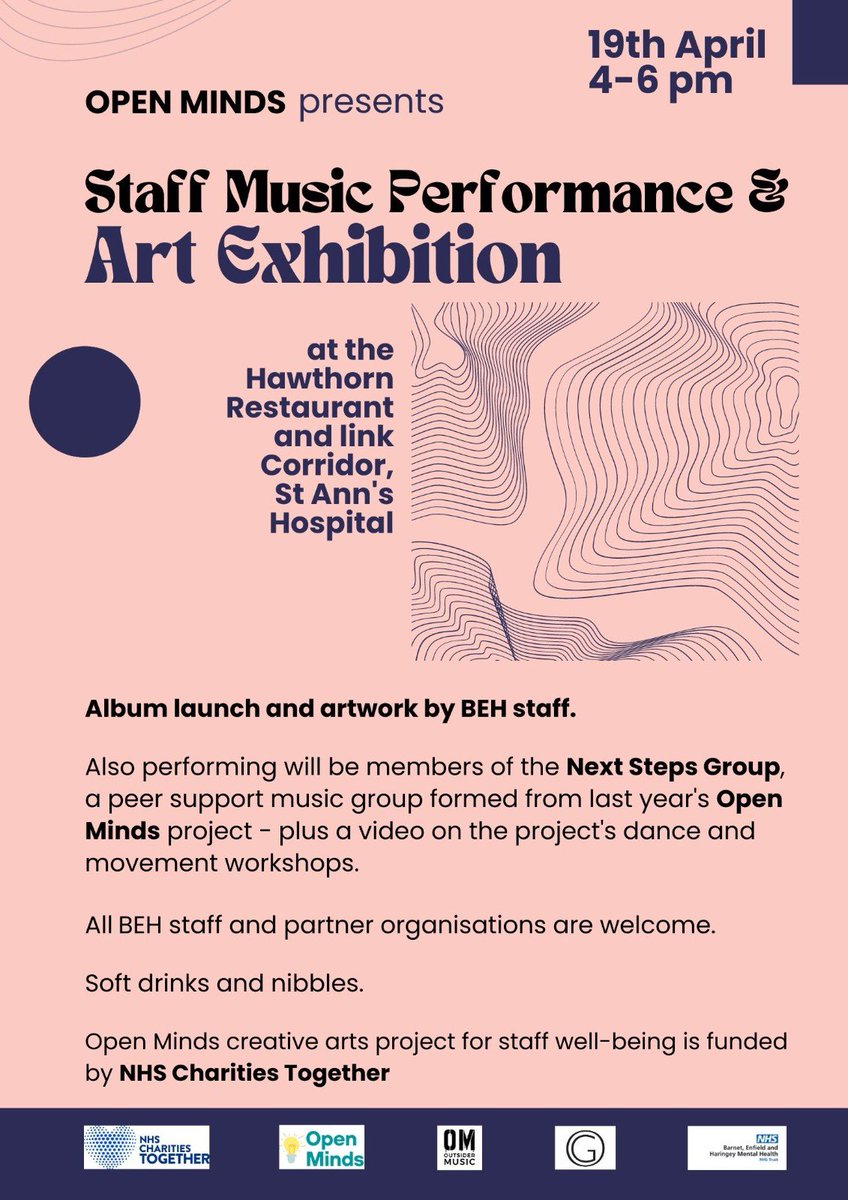 MindyCCox's tweet photo. Open Minds Staff Well-being Project @BEHMHTNHS has been running Arts, Music &amp; Dance Movement sessions for 10 weeks &amp; today is the exhibition, performance &amp; sharing of the work staff have been doing. 4-6pm @ St Ann’s Hospital @OutsiderMusic1 @0utsiderGallery #GreenerAHP #AHP #NHS https://t.co/cExFq1y9EQ