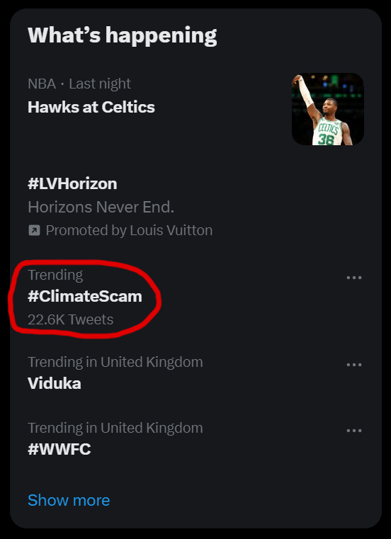 wideawake_media's tweet photo. #ClimateScam is trending for the third day in a row. Keep posting and retweeting!  

The climate scam is foundational to the totalitarian Net Zero/Great Reset agenda. The more we can awaken people to the #ClimateScam, the harder it's going to be for our unelected technocratic overlords to impose climate tyranny on us, ostensibly trying to solve a problem that doesn't even exist.