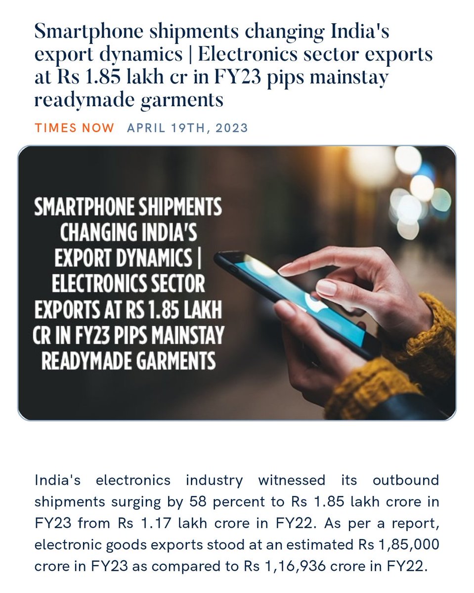 PMOIndia's tweet photo. Smartphone shipments changing India's export dynamics | Electronics sector exports at Rs 1.85 lakh cr in FY23 pips mainstay readymade garments
https://t.co/Ue2G3ge2VH 

via NaMo App https://t.co/ogWd3dwGdZ