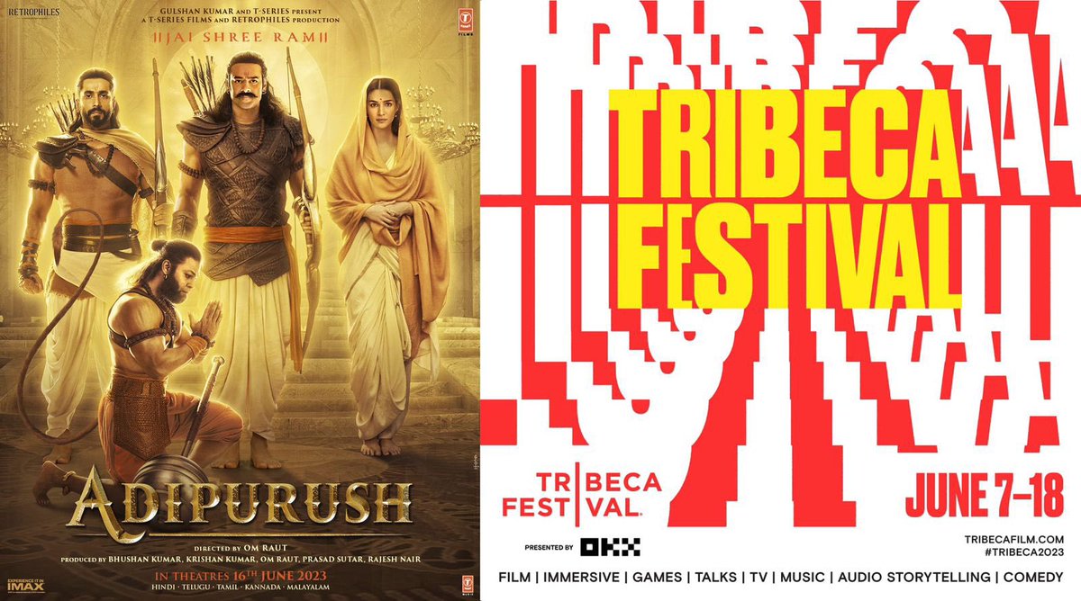 A huge feat for Director #OmRaut, Producer #BhushanKumar and Actor #Prabhas as the magnum opus #Adipurush is set to have its World Premiere at the Tribeca Festival in New York on 13th June 2023 and propel Indian cinema at a prestigious global stage!