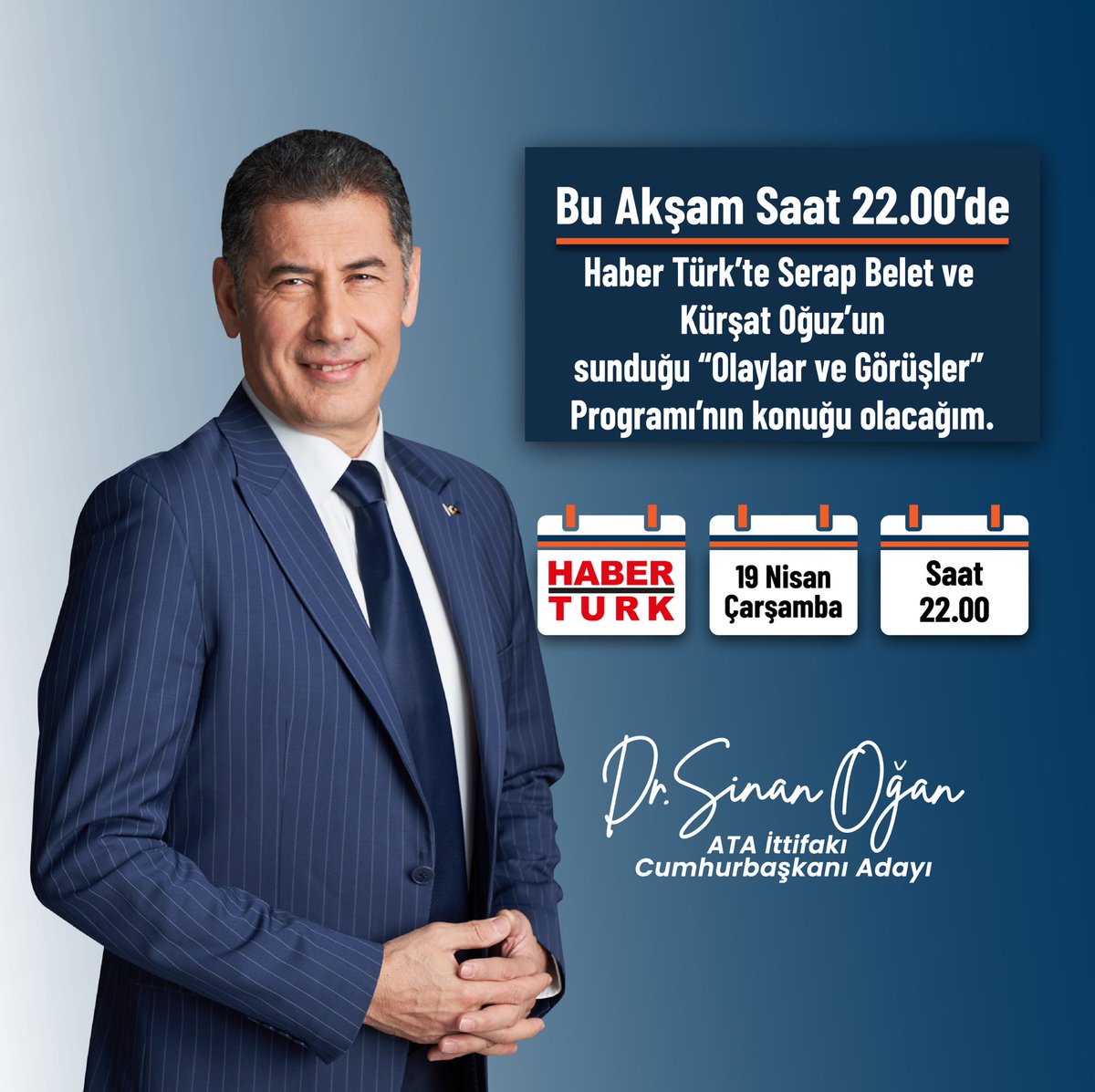 Sevgili vatandaşlarım, Bu akşam saat 22.00'de @HaberturkTV 'de @SerapBelet ve Kürşat Oğuz'un sunduğu #OlaylarveGörüşler Programı'nın canlı yayın konuğu olacağım. youtube.com/@haberturktv #OAnGeliyor