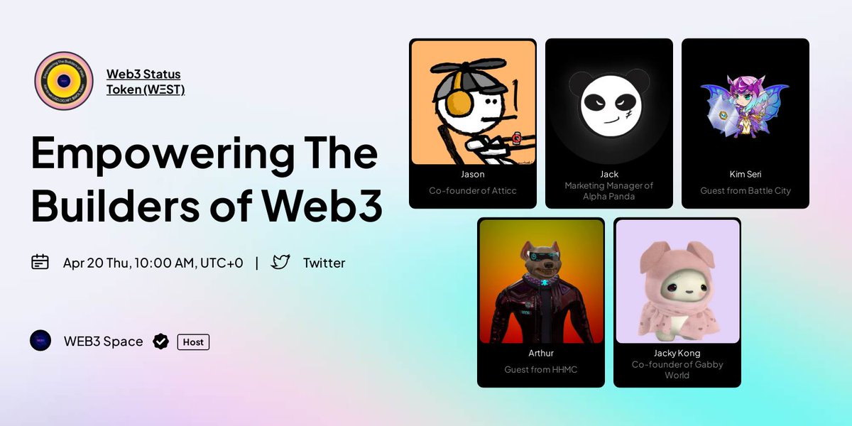 WEB3 Space (@web_3space) on Twitter photo Get ready to join our #TwitterSpaces #AMA with 5 leading #web3 projects <a href="/atticc_xyz/">Atticc Labs</a> @AlphaPandaOne @BattleCityHQ <a href="/HHMC2021/">HHMC</a> <a href="/gabby_world_/">Gabby World</a>
📅Date: 20th April at 10 AM UTC
⚪Venue: x.com/i/spaces/1Mnxn…
🎁Prizes: USDT,OG, NFT, $WOL
Get your questions ready! See you there! Get ready to join our #TwitterSpaces #AMA with 5 leading #web3 projects <a href="/atticc_xyz/">Atticc Labs</a> @AlphaPandaOne @BattleCityHQ <a href="/HHMC2021/">HHMC</a> <a href="/gabby_world_/">Gabby World</a>
📅Date: 20th April at 10 AM UTC
⚪Venue: x.com/i/spaces/1Mnxn…
🎁Prizes: USDT,OG, NFT, $WOL
Get your questions ready! See you there!