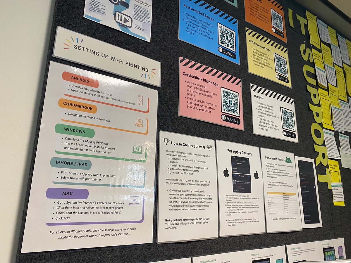 Need help connecting?

We have an IT Support noticeboard on the ground floor with lots of useful info:

➡️ How to connect your device to Uni WiFi
➡️ Setting up WiFi printing
➡️ Downloading software
➡️ Logging Servicedesk jobs

<a href="/RoehamptonUni/">Uni of Roehampton</a> <a href="/RoehamptonSU/">Roehampton SU</a> <a href="/RoehamptonAVR/">Roehampton AVR</a>